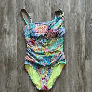 Bleu Rod Beattie Multi Color Paisley Shirred One Shoulder One Piece Swimsuit 10